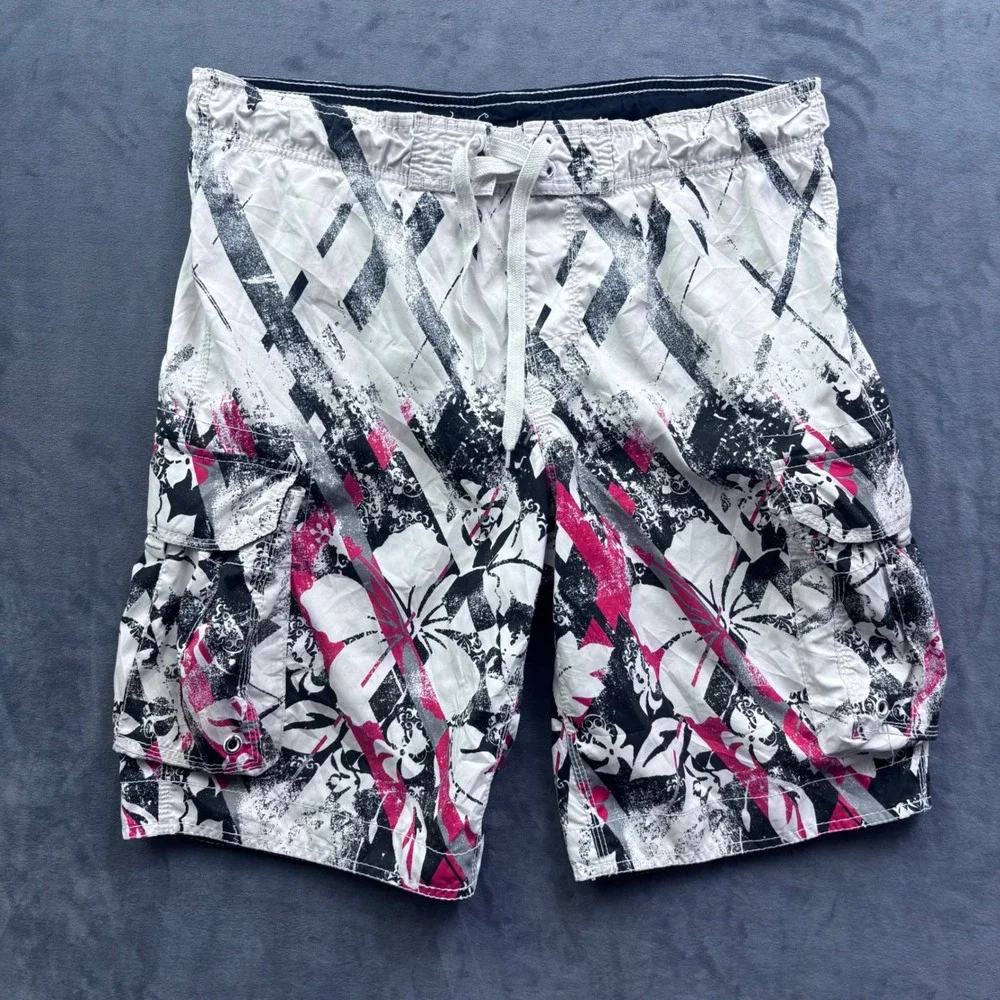 Arizona Jean Co Mens Board Shorts Pink Black White Floral Cargo Swim Trunks 34